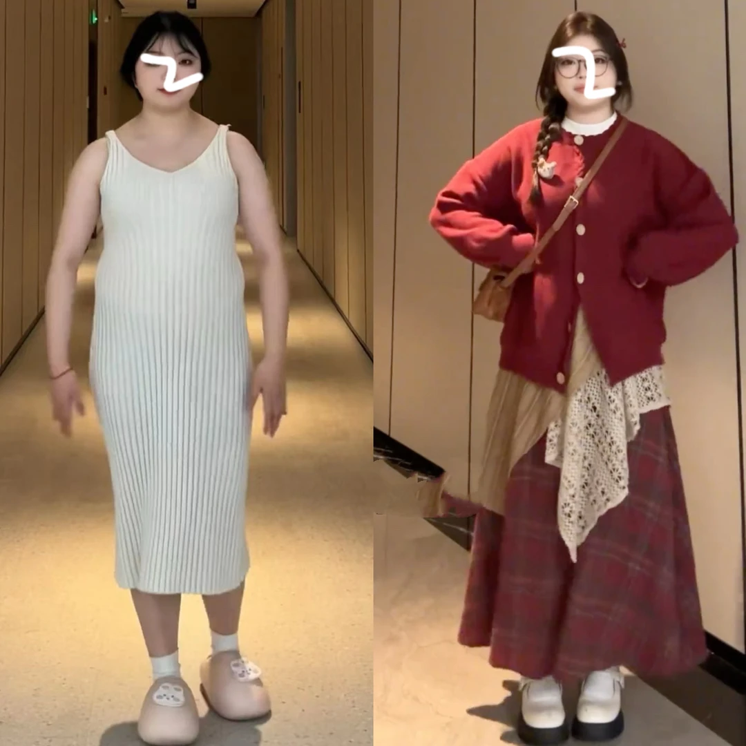 大码温柔小香风时尚套装女春秋胖mm甜美针织开衫+半身裙显瘦套装