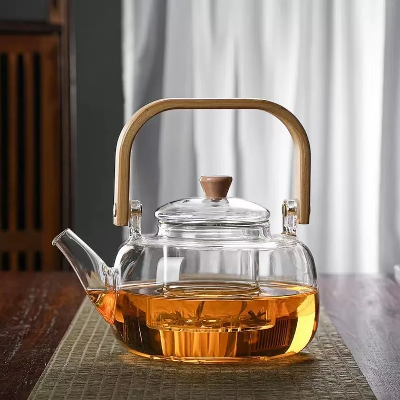 1000毫升竹提梁高硼硅耐热玻璃加厚大容量家用泡茶煮茶壶过滤壶