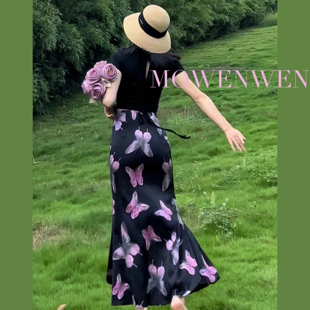 莫文文 紫蝴蝶 复古优雅半身裙女夏高腰包臀裙修身显瘦鱼尾裙长裙