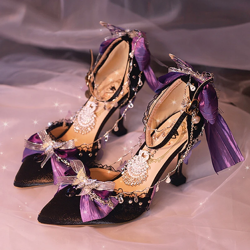 万蛊织六芒星原创lolita手作lo鞋黑紫蝴蝶尖头细跟高跟鞋洛丽塔鞋