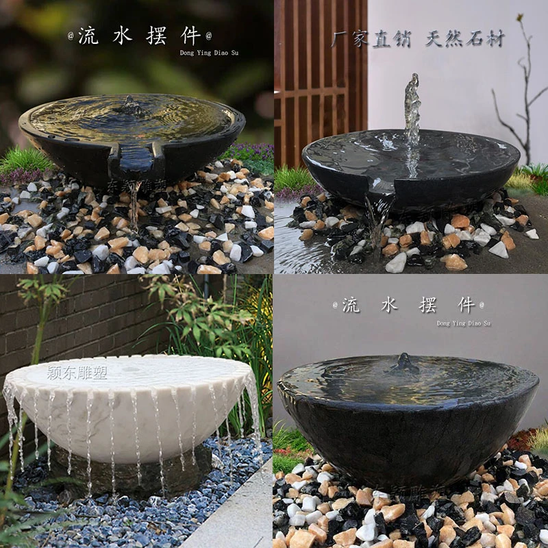 流水水钵石盆景观水景喷泉外循环庭院水池造景石钵涌泉水系摆件