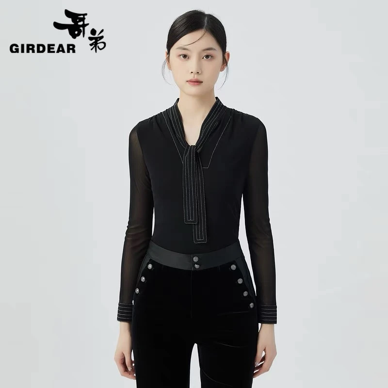 GIRDEAR/哥弟新款V领系带飘带显瘦气质拼接设计长袖丝网衫1300941