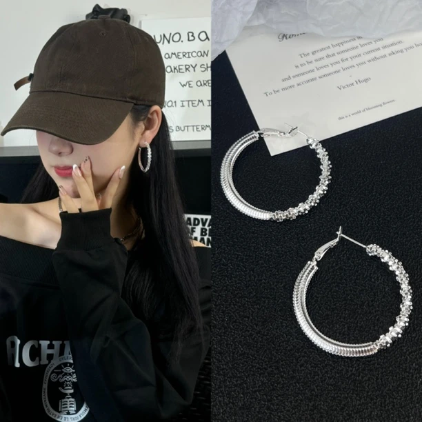 925银针耳饰 日韩小众拼接大耳圈复古百搭耳环E1003