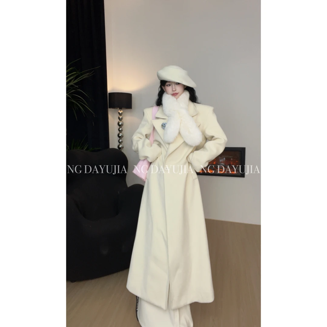 大语家【清冷美学】自制呢料加厚米色长款大衣