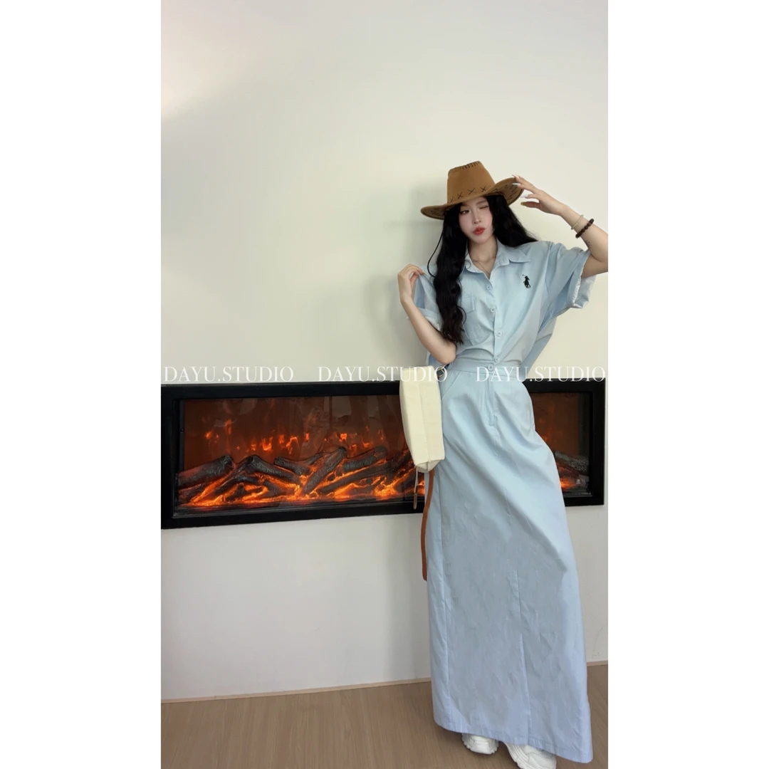 DAYU【雅痞进行时】自制短袖刺绣衬衫+高腰半身长裙