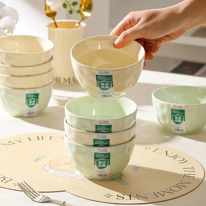 孟垣法式奶油风4.7英寸新米饭碗骨瓷石纹碗8只装抗菌轻奢吃饭碗