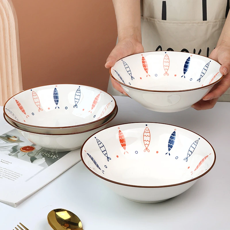 【孟垣】小鱼4个装8英寸家用加厚大号菜碗釉下彩大汤碗大碗沙拉碗