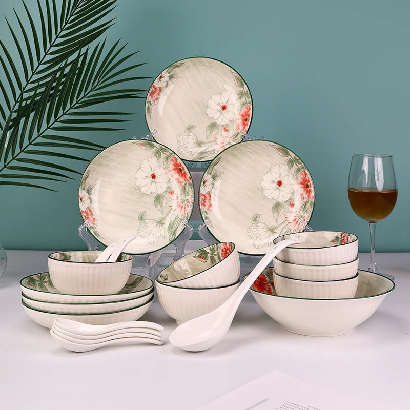孟垣花开富贵家用创意简约中式陶瓷釉下彩26件套碗碟盘餐具套装