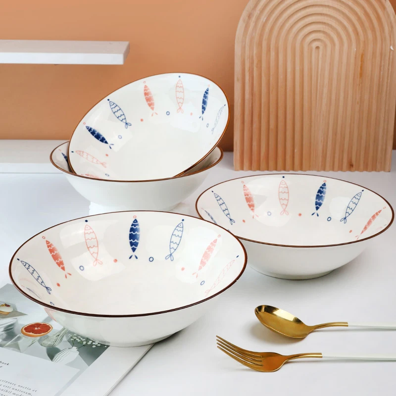 孟垣小鱼系列陶瓷斗碗4只装8英寸大号汤碗釉下彩面碗拉面碗家用