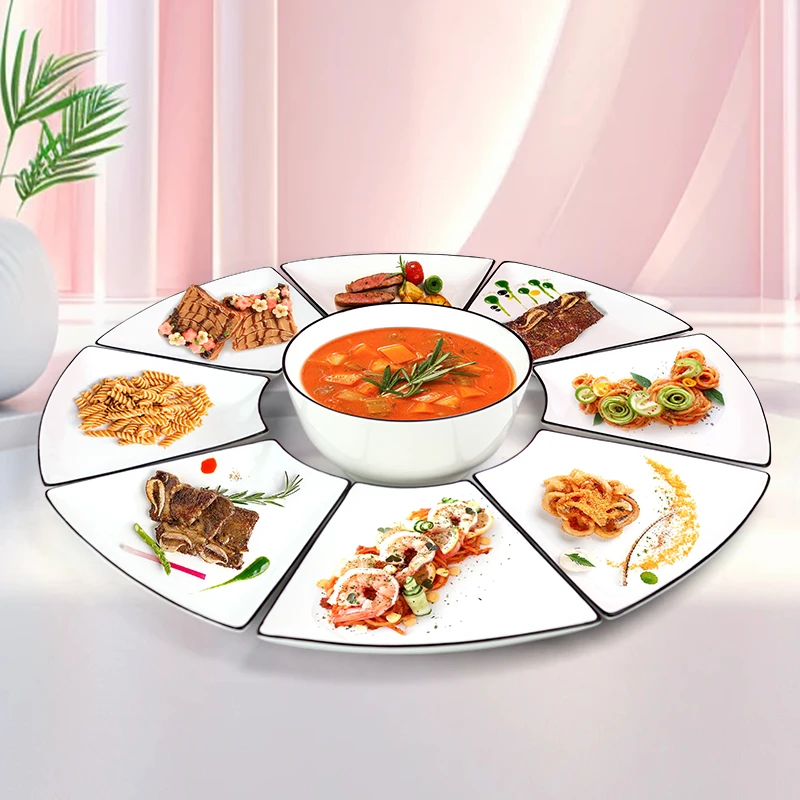 孟垣聚餐团圆拼盘陶瓷扇形釉下彩汤碗八盘一汤家用套装组合【spk】