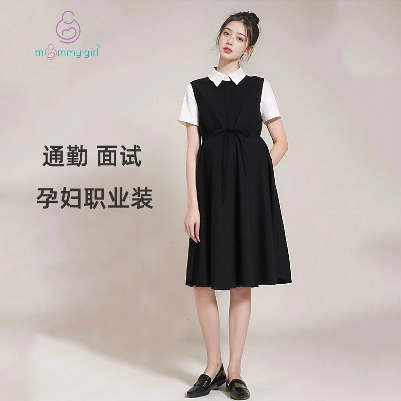 孕妇职业装上班面试连衣裙假两件夏季薄大码孕期通勤气质时尚宽松