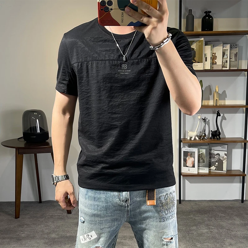 棉麻针织短袖t恤男士夏季高端印花贴标圆领修身清凉潮牌半袖上衣