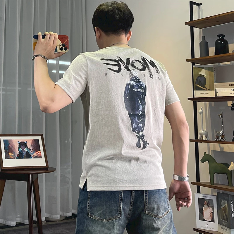 冰丝麻短袖T恤男夏季上衣圆领休闲后背人物印花打底衫棉麻半袖潮t