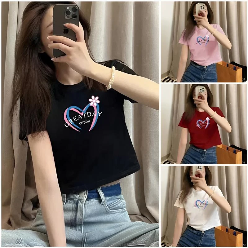 【彩虹爱❤】短袖夏季T恤女百搭圆领修身显瘦印花时尚半袖短款