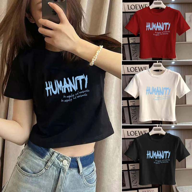 2025新款短款棉T恤女夏季纯欲短袖宽松正肩上衣百搭显瘦体t恤黑白