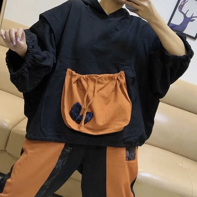 潮牌民族风福袋拼色休闲连帽卫衣搭工装裤子套装宽松减龄