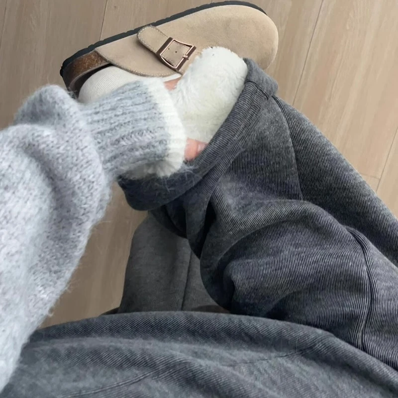 灰色羊羔绒糯米裤女秋冬加绒加厚高腰垂感直筒休闲2025新款阔腿裤
