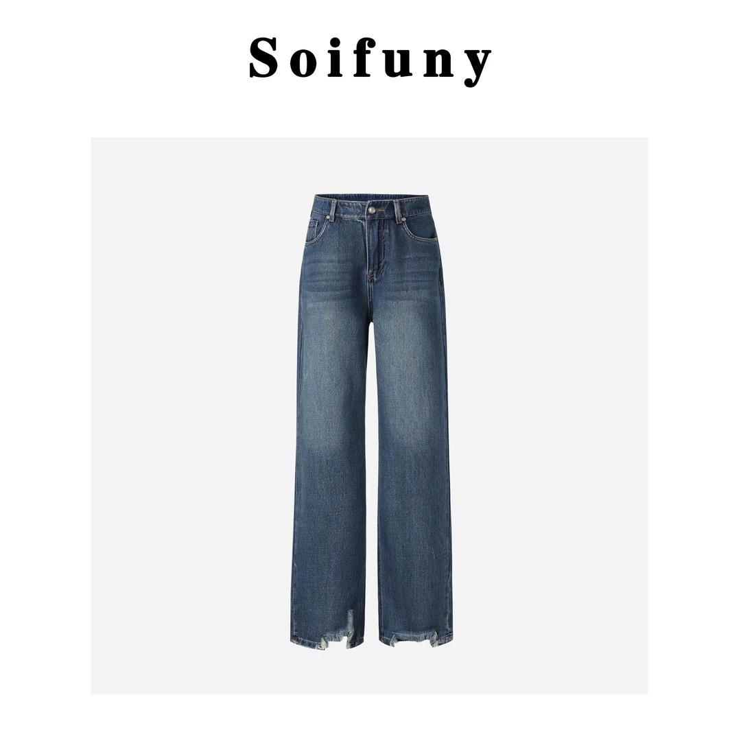 Soifuny春秋经典直筒牛仔裤女2023新款显瘦休闲拖地破洞牛仔裤