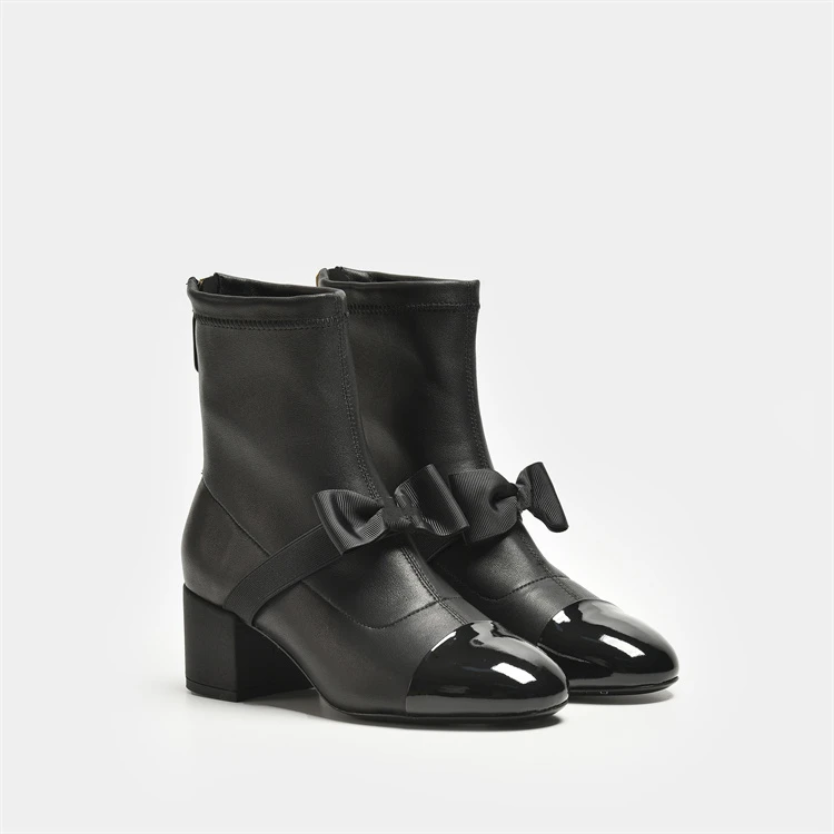 0000早秋新款时尚高跟真皮女靴粗跟秋冬圆头英伦黑色中筒短靴女