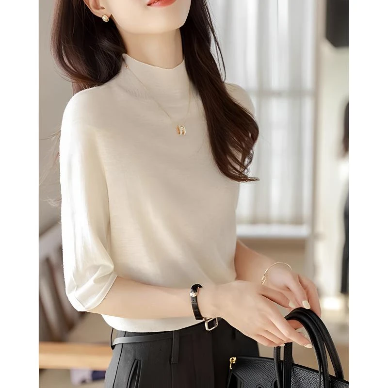 半高领中袖打底女春秋宽松七分袖针织衫毛衣内搭韩版2025薄款上衣