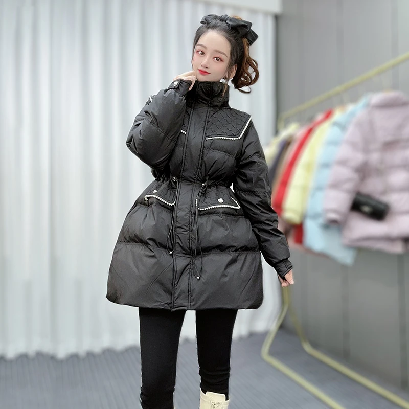 冬季新款小香风立领时尚韩版收腰中长款羽绒服女装百搭收腰外套潮