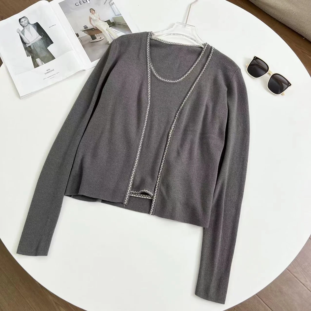 J315  U领花边针织背心配针织披肩开衫两件套（卡码拍大）