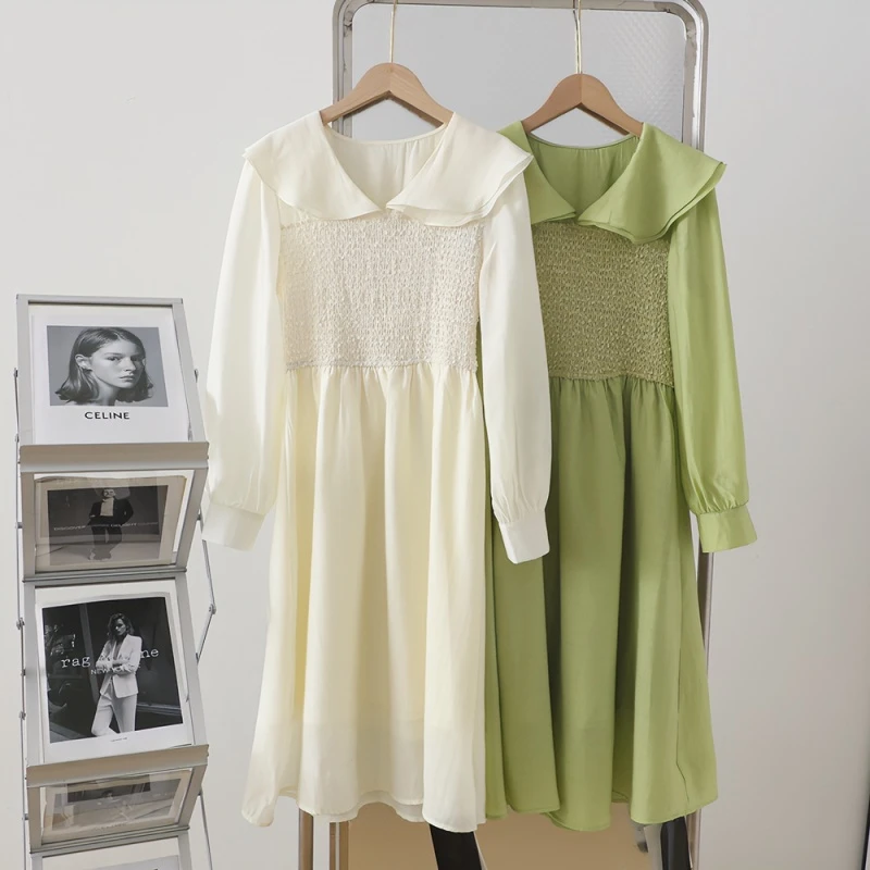 A727W  春天仙女裙时尚百搭荷叶边松紧腰长袖连衣裙（卡码拍大）