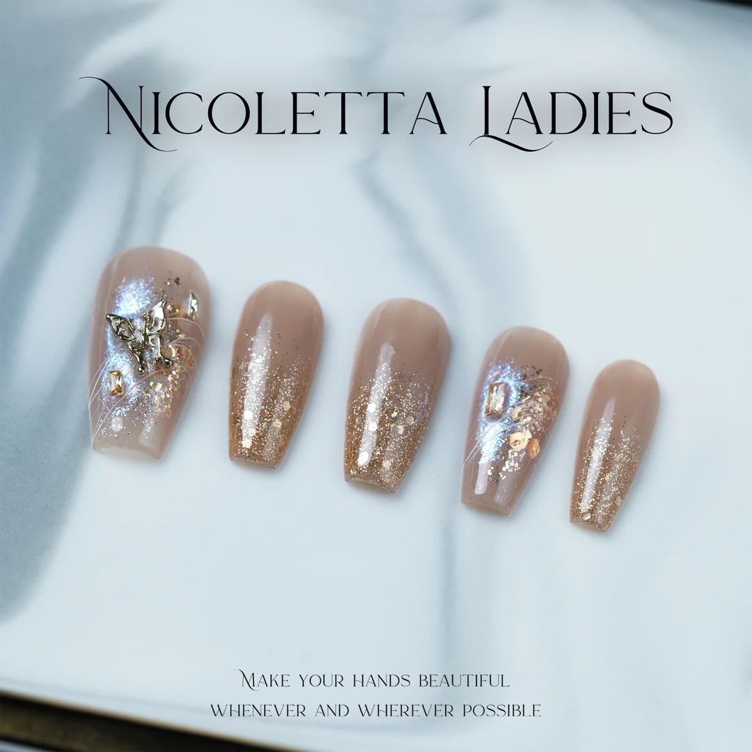 Nicoletta Ladies【粉金蝴蝶】秋冬亮闪温柔显白手工穿戴甲10片
