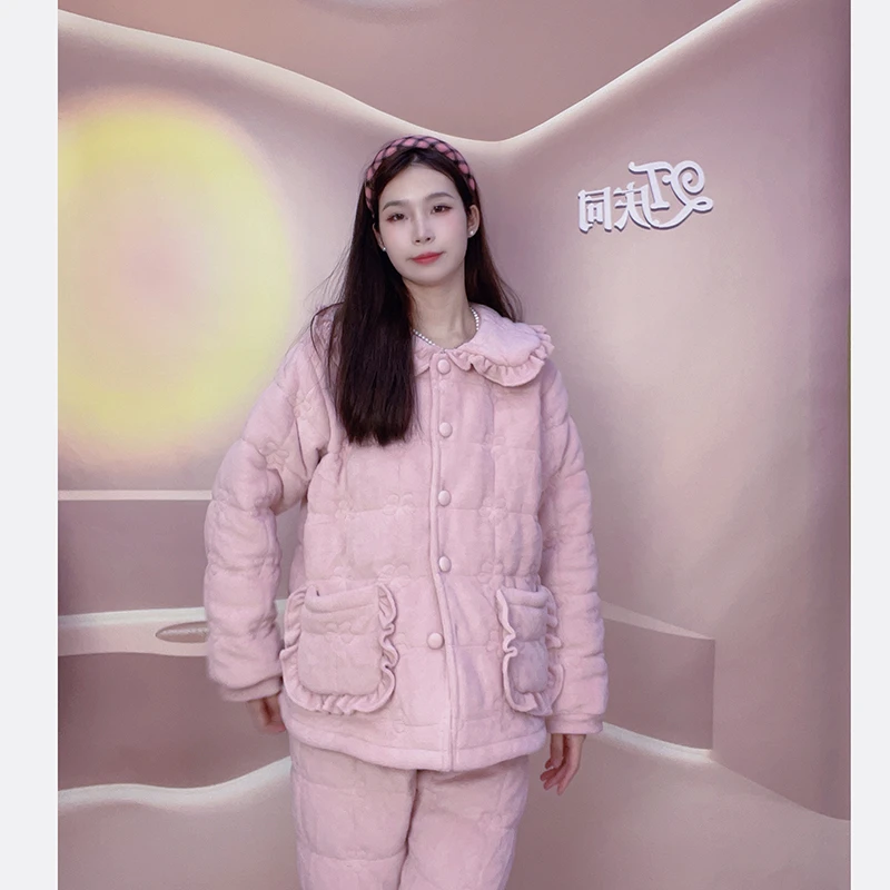 庆同宫廷公主风三层夹棉睡衣女冬季加厚绒保暖甜美国风家居服套装