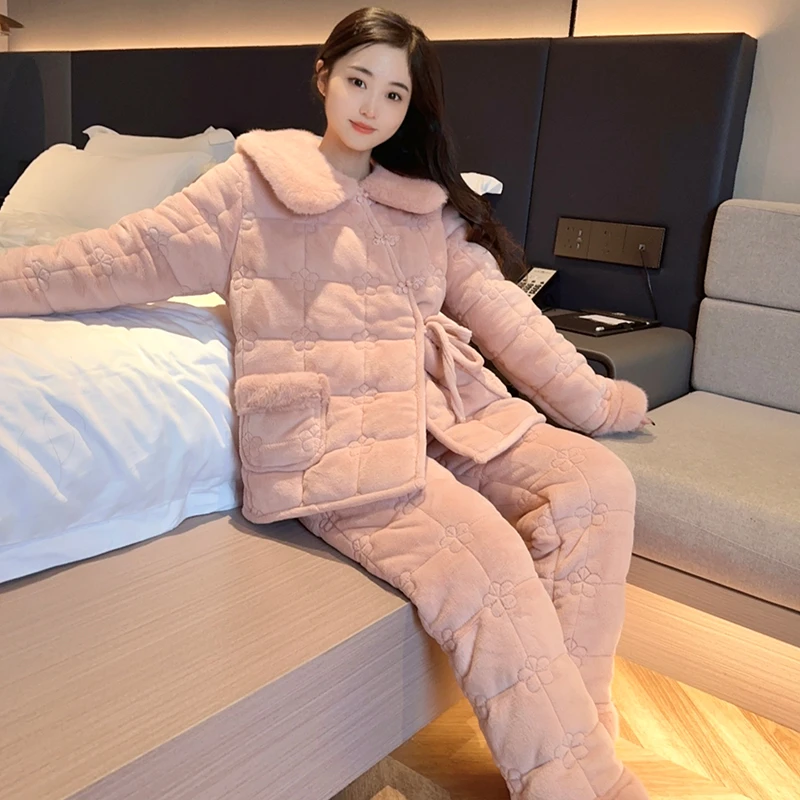 三层夹棉袄睡衣女款秋冬季2025新款冬天加厚加绒珊瑚绒冬天家居服
