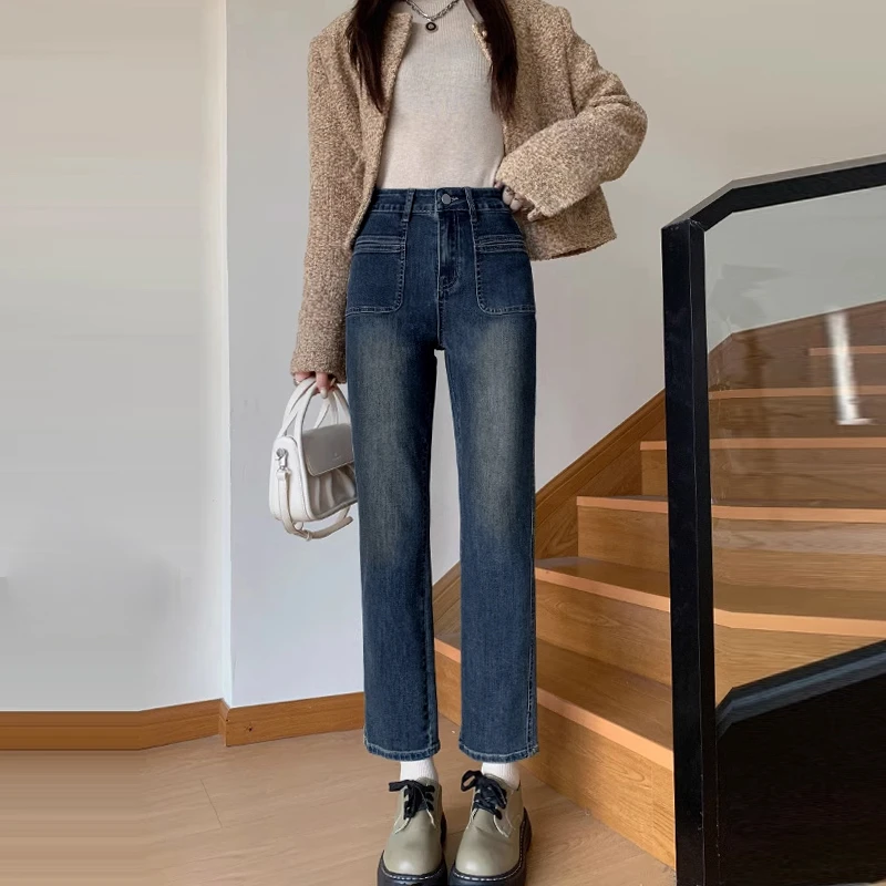 直筒牛仔裤女春秋梨型身材大码胖mm高腰显瘦弹力宽松九分烟管裤子