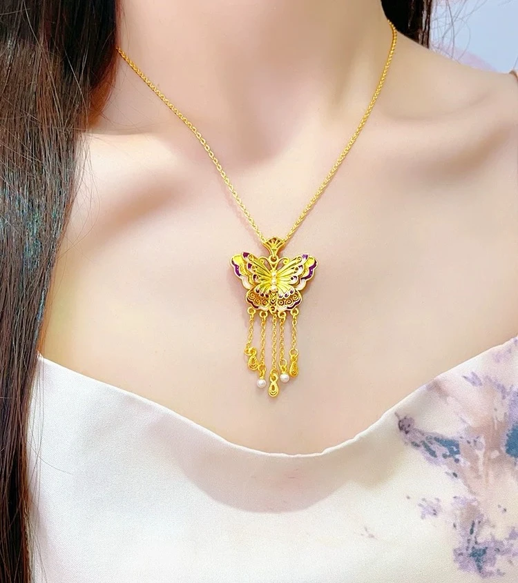 福利26  柜柜同款古法珐琅彩紫韵花丝蝴蝶流苏吊坠项链女锁骨链