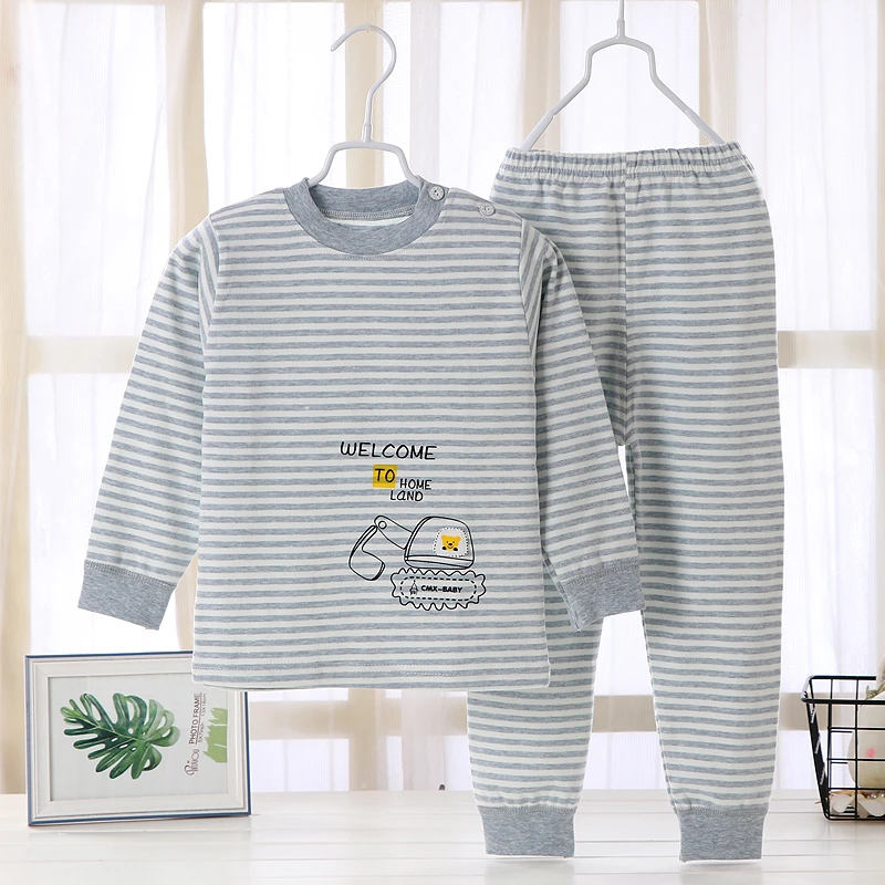 儿童彩棉条纹睡衣宝宝人造居家中性高腰加厚秋衣秋裤保暖打底套装
