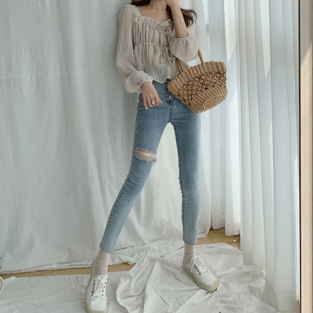 韩国小个子浅色破洞小脚牛仔裤女春夏高腰显瘦弹力紧身九分铅笔裤