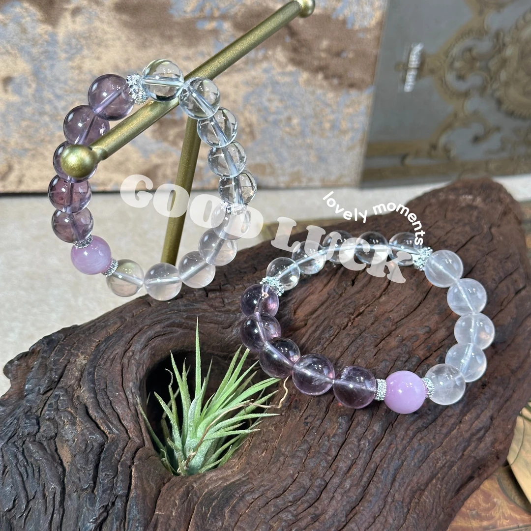 【291雪媚娘】天然紫水晶白水粉水晶顶珠紫锂辉原创小众设计