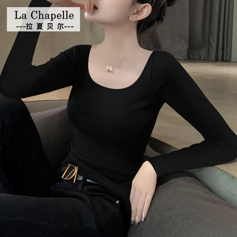 拉夏贝尔JS秋新款双U领纯色打底衫女内搭长袖露背上衣修身薄款T恤