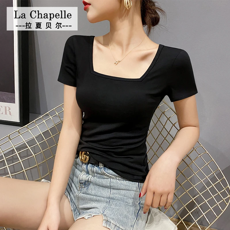 拉夏贝尔JS方领正肩短袖上衣百搭气质女打底衫短款五分袖夏秋t恤