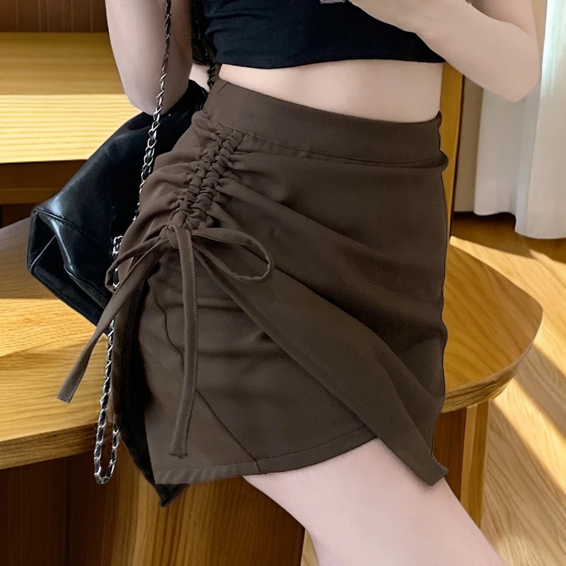 胖妹妹大码女装褶皱抽绳不规则高腰显瘦半身裙短裙裤裙a字裙