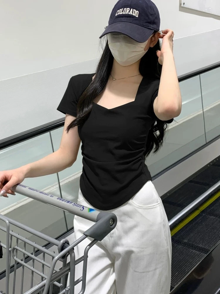 夏季新款胖妹妹大码女装2024显瘦正肩纯色短袖T恤百搭时尚方领T恤