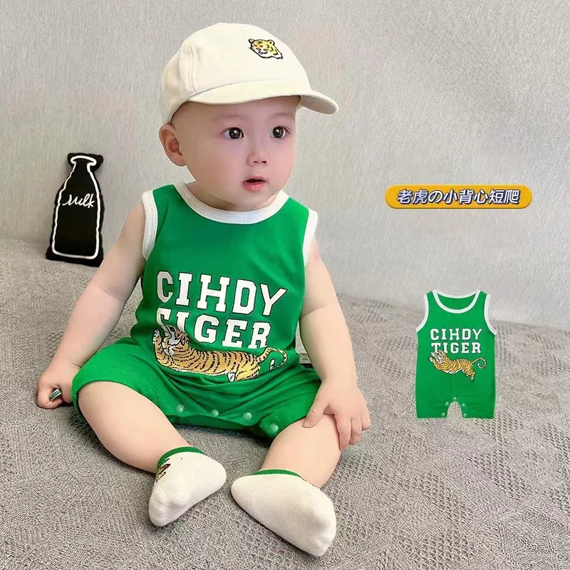 宝宝衣服背心哈衣夏季薄款纯棉无袖短爬服时尚卡通虎宝宝连体哈衣