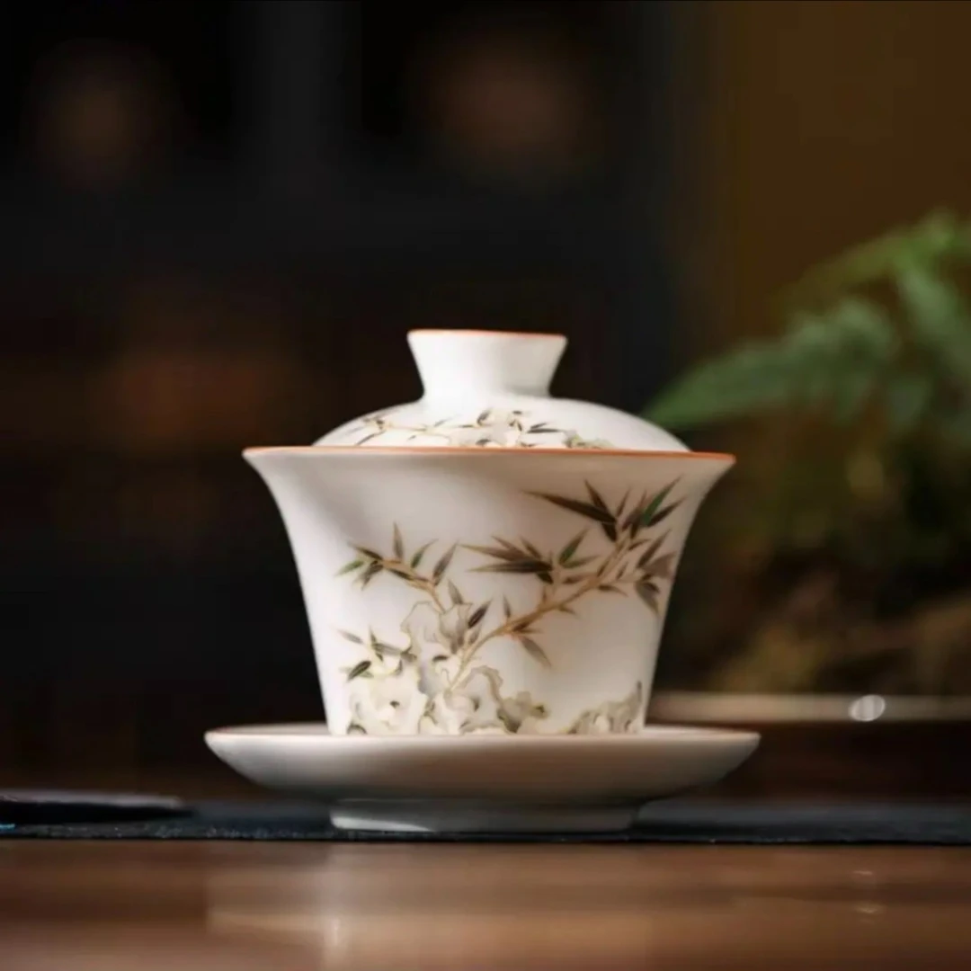 德化经典高端汝窑竹报平安三才盖碗中式复古泡茶碗陶瓷功夫茶具