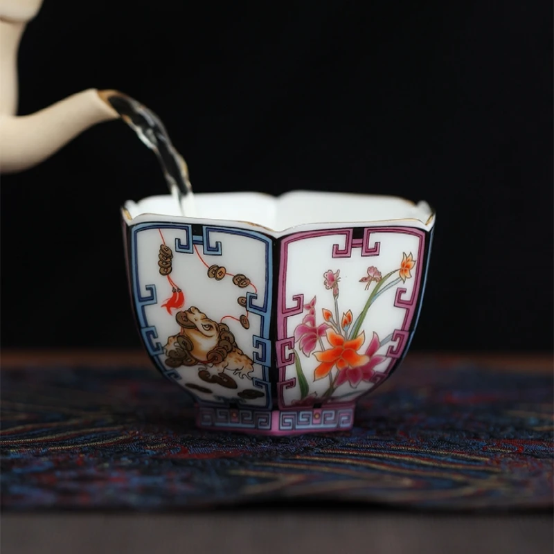 德化玉瓷 珐琅六方聚财杯陶瓷描金开窗花口主人杯功夫茶具品茗杯