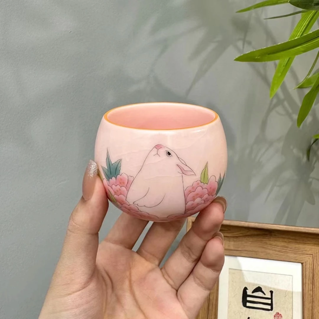 善茶局粉丝专享福利粉汝手绘玉兔望月大号陶瓷主人杯03LQ02