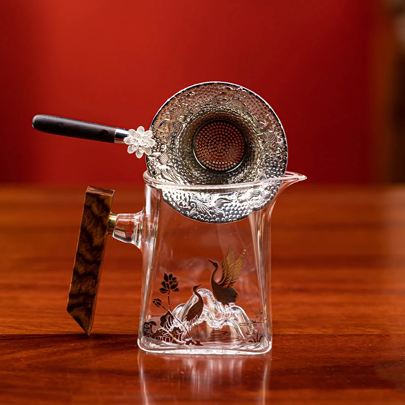 高硼硅玻璃喜上眉梢冰山公道杯四方玻璃分茶器送合金莲花金鱼茶漏