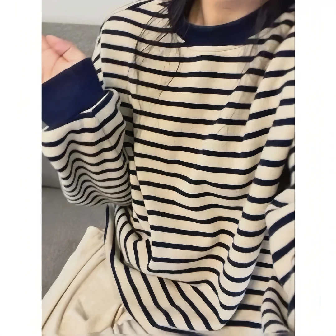 高智谈复古港味条纹卫衣女2024新款秋冬宽松休闲风长袖外套潮