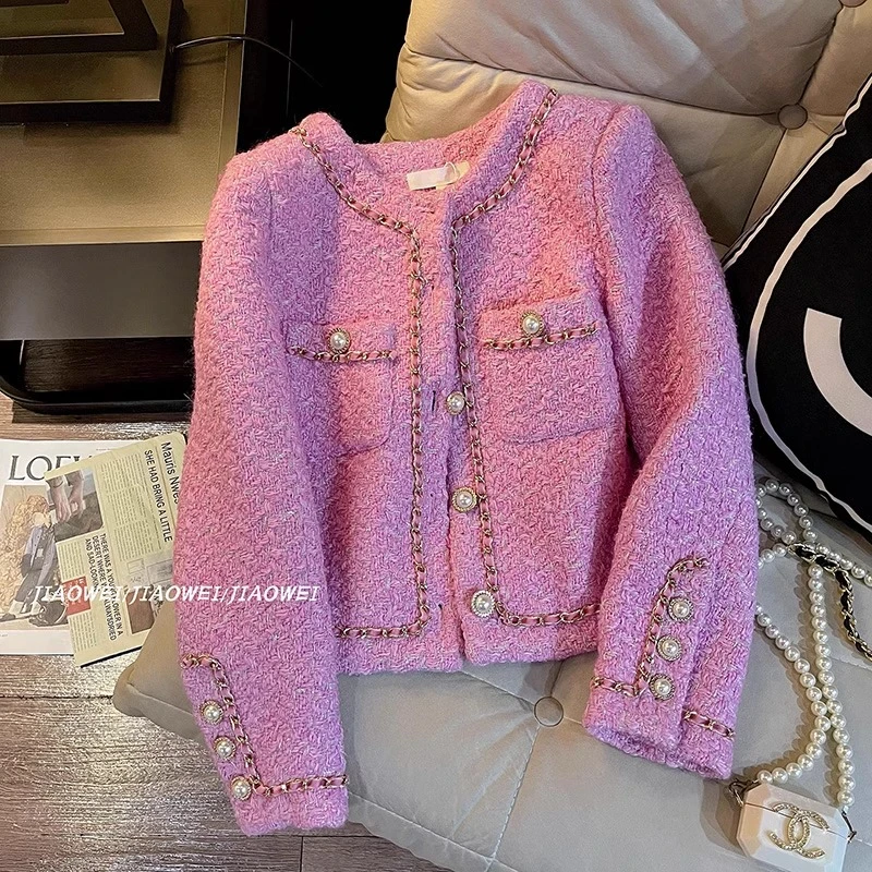 韩系外套女秋冬2024新款小香风法式名媛气质单排扣粉色粗花呢上衣