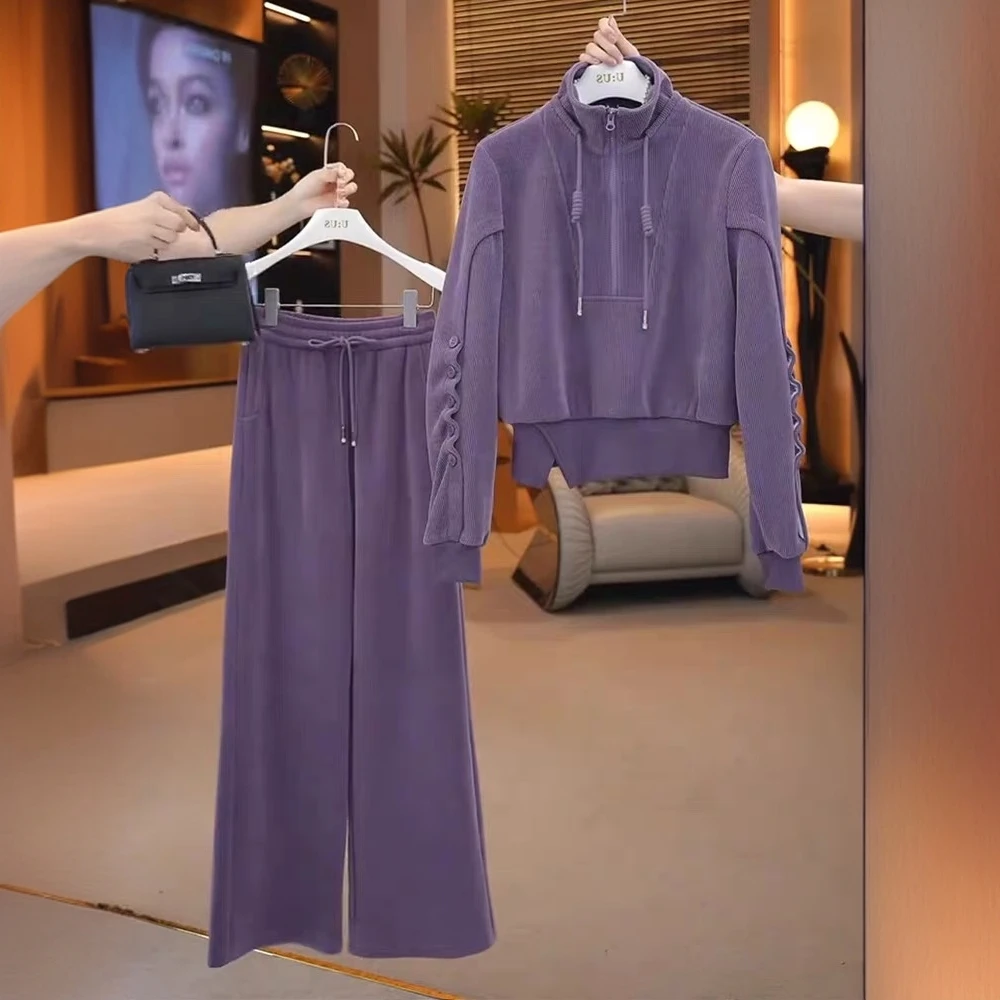 【曼曼】紫罗兰休闲秋季气质时尚加绒加厚高腰阔腿裤女装套装