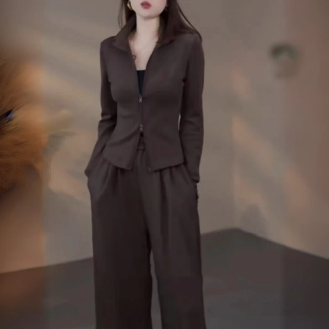 欧洲站高级感运动风休闲套装新款拉链开衫纯色半高领长袖两件套女