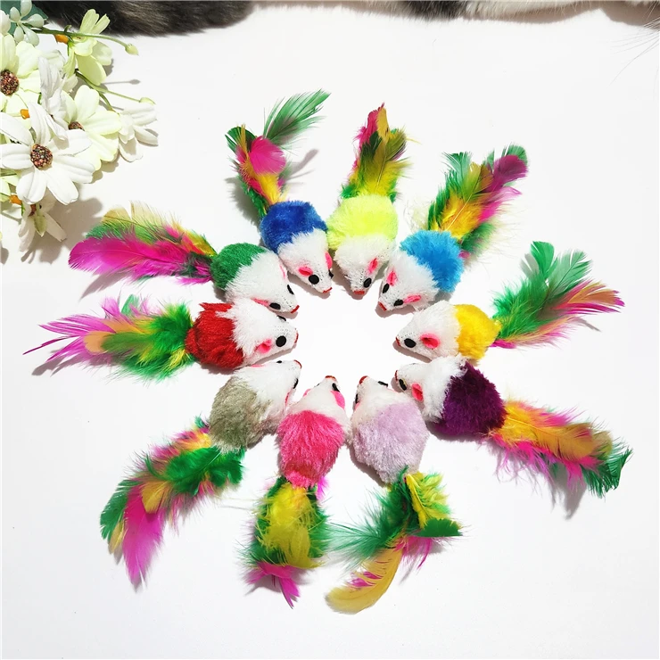 猫玩具逗猫毛绒小老鼠彩色羽毛猫咪玩具全色小老鼠猫咪玩耍小玩具