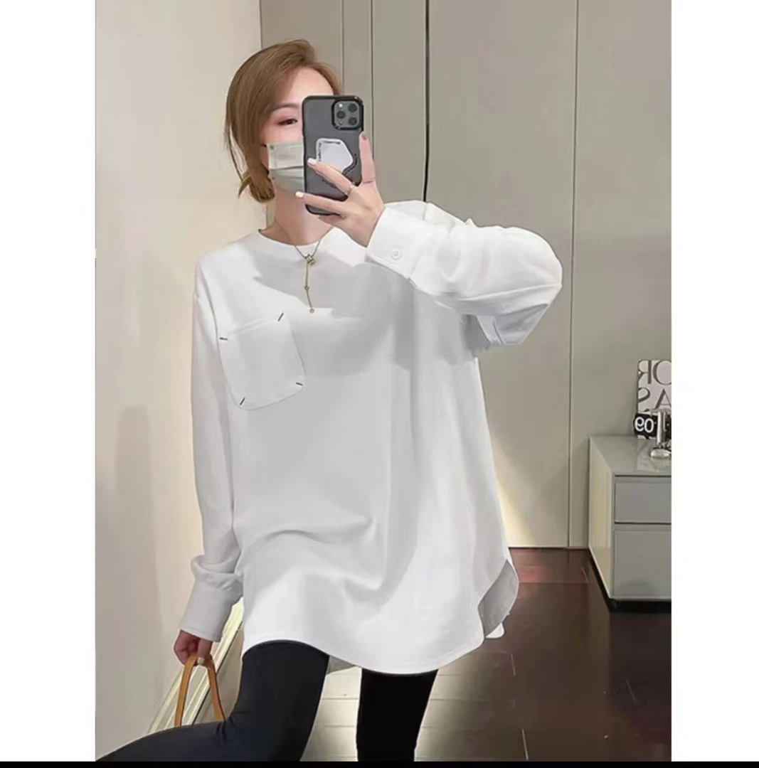 纯棉圆领防风袖宽松韩版长袖中长款显瘦刺绣口袋纯白女装上衣T880